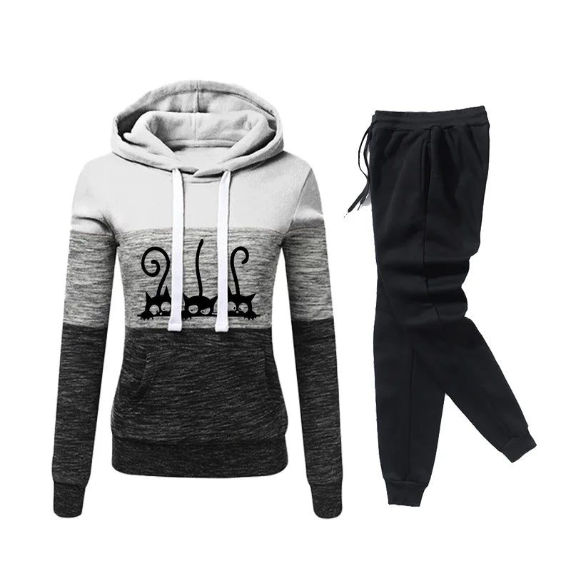 Hooded Sweatshirt Suit Cute Cat Printing Splicing Pullover Sweatpants 2 Pieces Set Autumn Winter Warm Clothing Womens Tracksuit